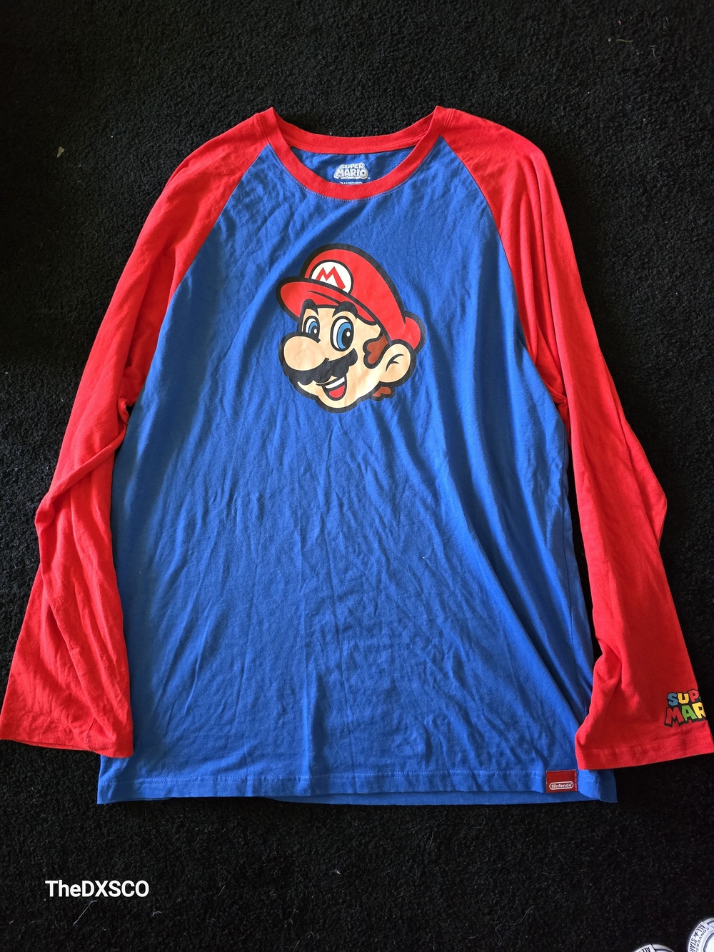 Nintendo Blue Tee with Red Raglan Sleeves Featuring Mario Face